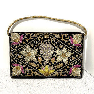 Vintage mid century black velvet evening bag top handle gold silver pink yellow